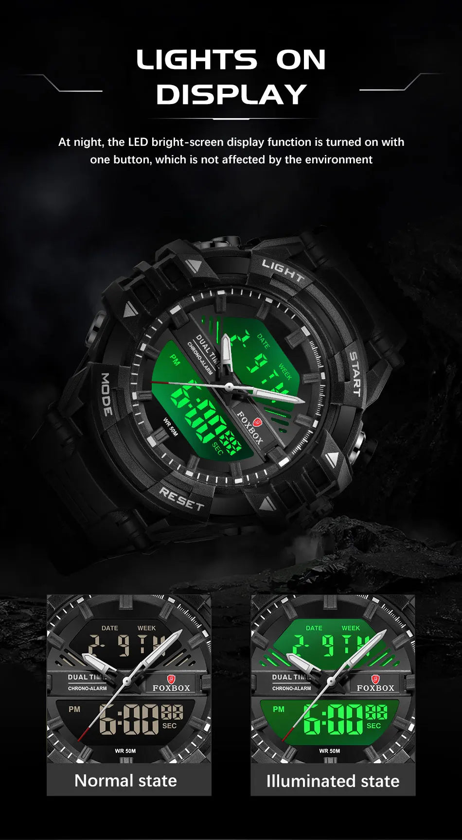 LIGE FOXBOX - Reloj electrónico deportivo informal de moda para hombre, con pantalla digital LED, resistente al agua hasta 50 m, alarma y fecha, con caja