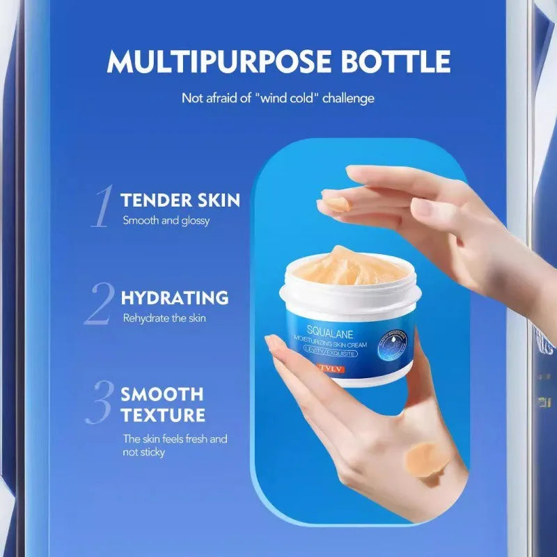 Crema de escualano ultra nutritiva para piel seca y áspera. Hidrata profundamente. Previene el agrietamiento y la sequedad. Refrescante pero no grasosa.