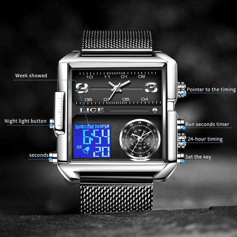 Reloj LIGE de acero negro para hombre, reloj digital con doble pantalla, cronógrafo deportivo, resistente al agua, de cuarzo, estilo militar