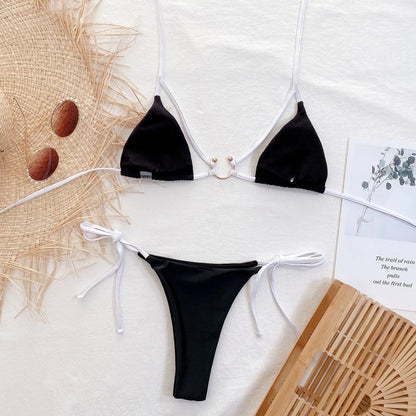Bikini sexy 2025 para mujer, traje de baño negro de triángulo, con cuello halter anudado, conjunto de bikini de playa, traje de baño con decoración de anillo de metal.