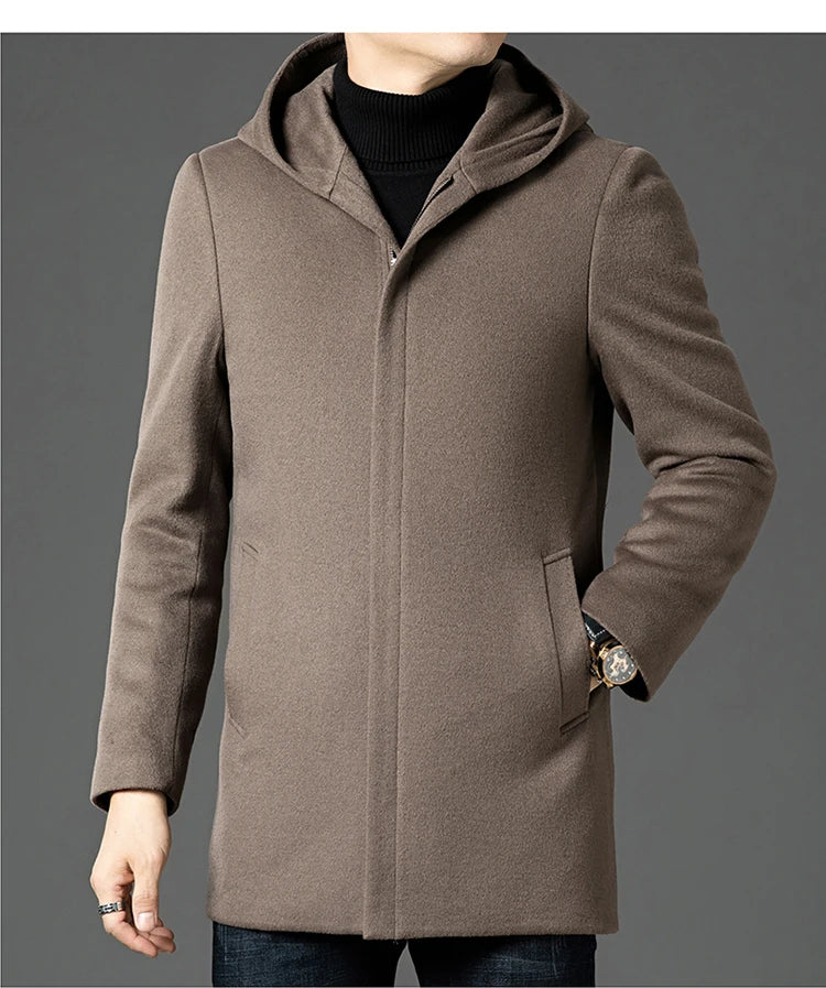 Abrigo largo de lana para hombre COMXZ, colección invierno 2025, gabardina de cachemir de diseño, chaqueta con capucha y forro de plumón de pato blanco, abrigo de lana de lujo