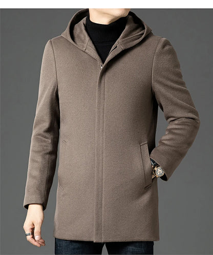Abrigo largo de lana para hombre COMXZ, colección invierno 2025, gabardina de cachemir de diseño, chaqueta con capucha y forro de plumón de pato blanco, abrigo de lana de lujo