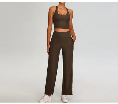 Pantalones de Yoga acanalados para mujer, leggings deportivos para gimnasio, leggings de cintura alta para fitness, pantalones deportivos para correr al aire libre, pierna recta.