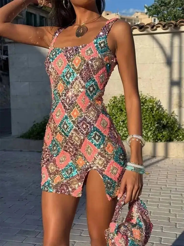 Vestido de fiesta sexy para mujer, estilo discoteca, con lentejuelas florales, tipo pueblo, tirantes finos, mini, primavera/verano 2025, vestido ajustado y entallado.