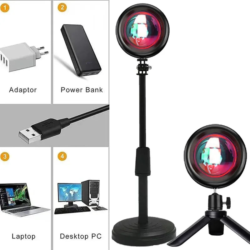 Lámpara de proyector de atardecer con atmósfera de arcoíris, luz nocturna, luz de atardecer para decoración de dormitorio, fondo de pared, lámpara de mesa