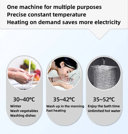 Calentador de agua eléctrico pequeño HYUNDAI con calentamiento rápido e instantáneo, temperatura constante inteligente y pantalla en inglés para ducha o baño.