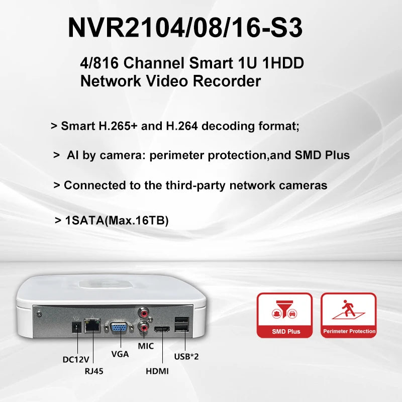 Grabador de videovigilancia Dahua NVR2104-S3, NVR2108-S3, NVR2116-S3 de 4/8/16 canales, 1 HDD SMD Plus, Onvif, protección perimetral