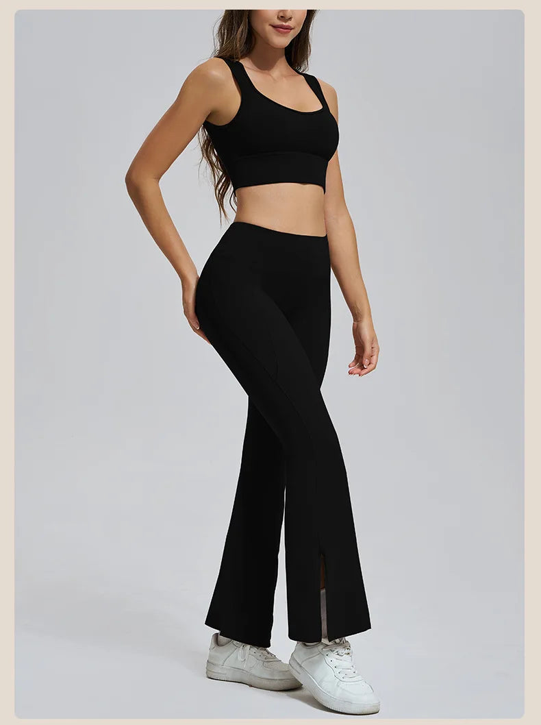 Conjuntos de yoga para mujer, sujetador deportivo con espalda hueca y amortiguación, leggings de cintura alta y acampanados, ropa de gimnasio, ropa para correr y entrenar.