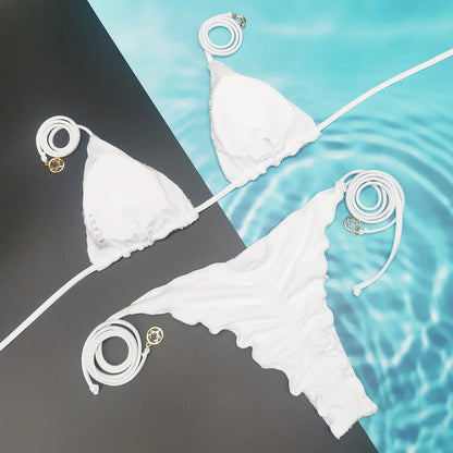 Bikini unicolor con purpurina, bañador sexy con cuello halter, traje de baño para mujer, conjunto de bikini con lentejuelas brillantes, ropa de playa, bikini brasileño