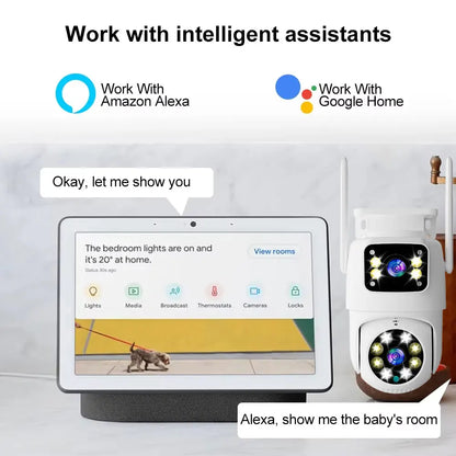 Cámara de seguridad exterior Tuya WiFi PTZ de 10 MP con doble lente, pantalla dual 4K, seguimiento automático y monitoreo de videovigilancia.