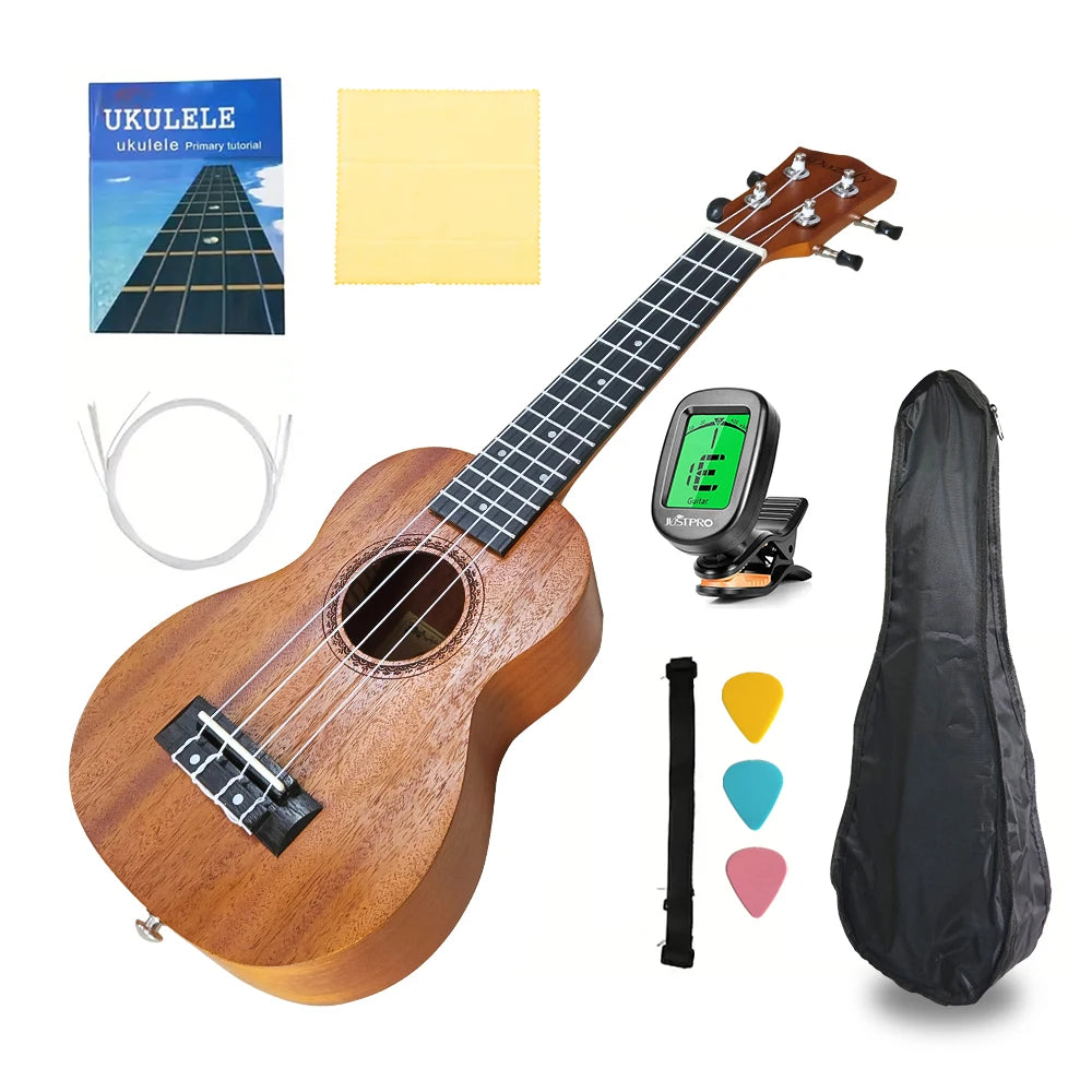 Kit de ukelele acústico de 21 pulgadas con bolsa, cuerdas y afinador, madera maciza, ideal para estudiantes y principiantes, regalo para niños.