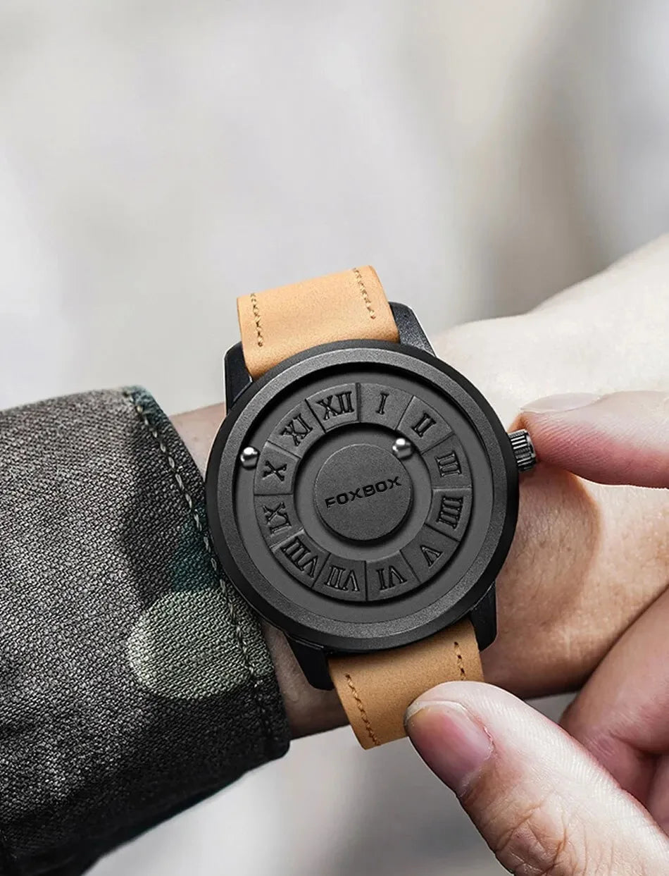 Reloj de cuarzo para hombre FOXBOX, moda, personalidad, creativo, con bola de hierro giratoria, puntero magnético, resistente al agua, para hombre, regalo + caja.