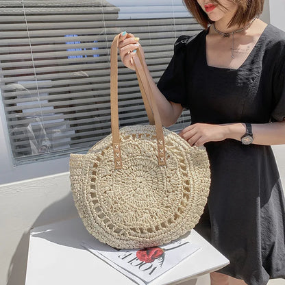 Bolsos de paja redondos de verano para mujer, bolso de hombro de ratán, bolso de playa tejido a mano para viaje, bolso de mano femenino de gran capacidad