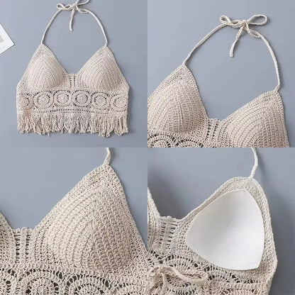 Ropa interior estilo bohemio para mujer, con flecos, espalda descubierta, cuello halter, lazo, bordado, tirantes con borlas, chaleco corto sin mangas