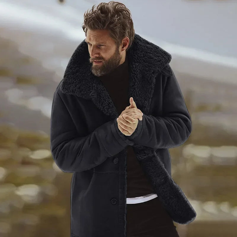 Abrigo de lana nuevo cortavientos para hombre, cuello de piel, botonadura sencilla, cálido, chaqueta de lana, corte entallado, abrigo de invierno 2021 para hombre