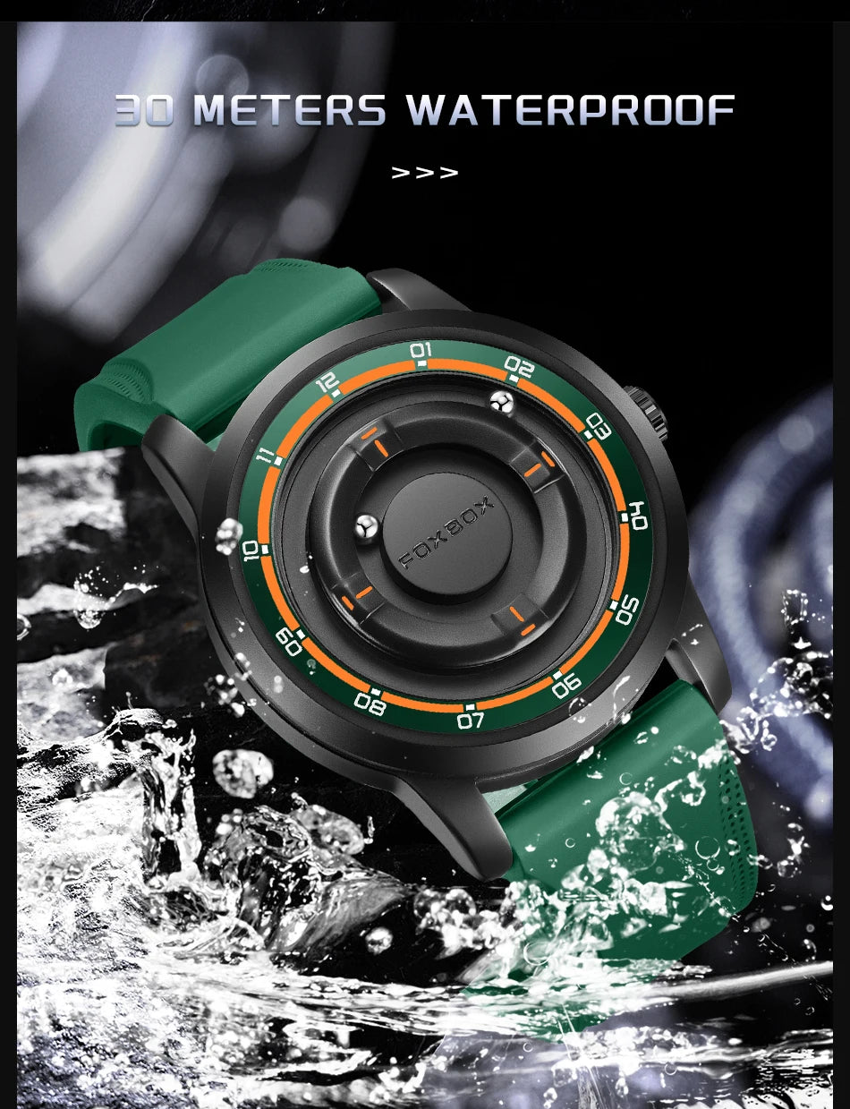 Reloj de pulsera de cuarzo para hombre FOXBOX Fashion, verde, de silicona, resistente al agua, con puntero deslizante y fuerza magnética, para deportes al aire libre.