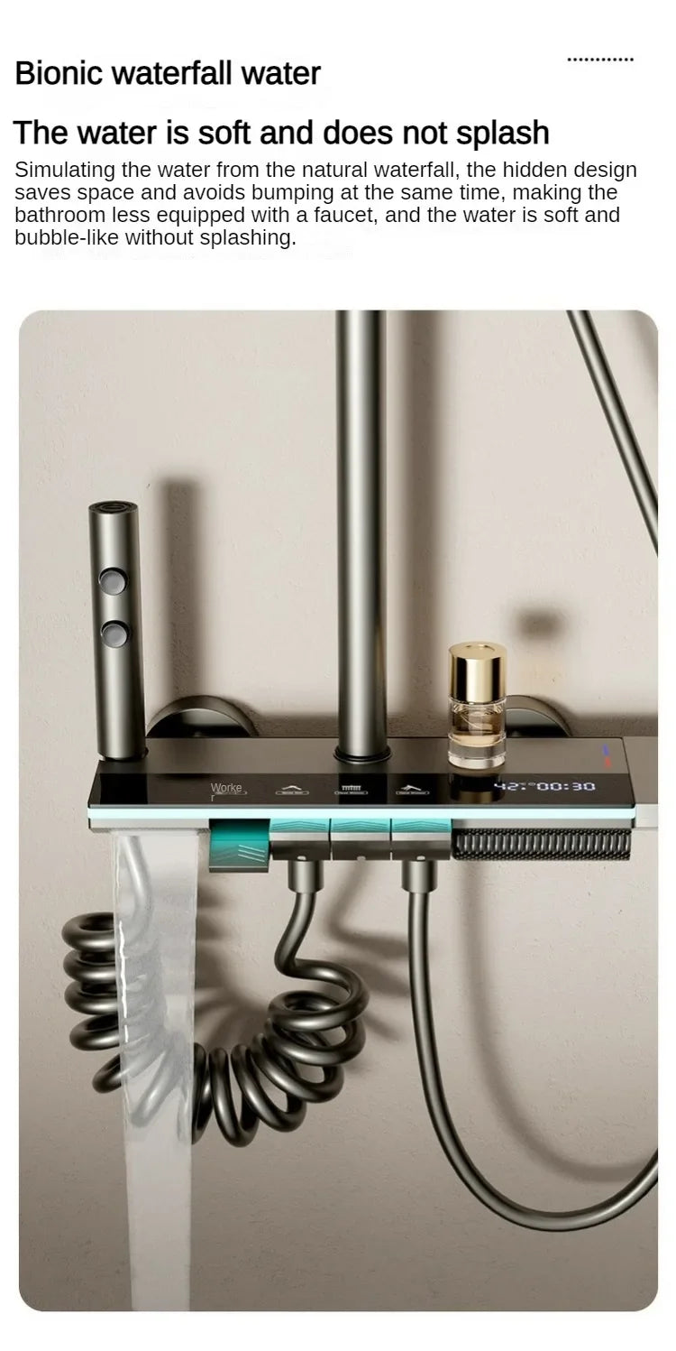 Juego de ducha gris con sistema de ducha inteligente de cuatro funciones con pantalla digital, ducha tipo lluvia a presión, grifería de pared con teclas de piano