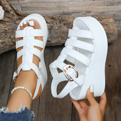 Sandalias de tacón grueso estilo romano de moda, zapatos de mujer, zapatillas de plataforma de tacón alto de verano, sandalias de suela plana con hebilla elegante
