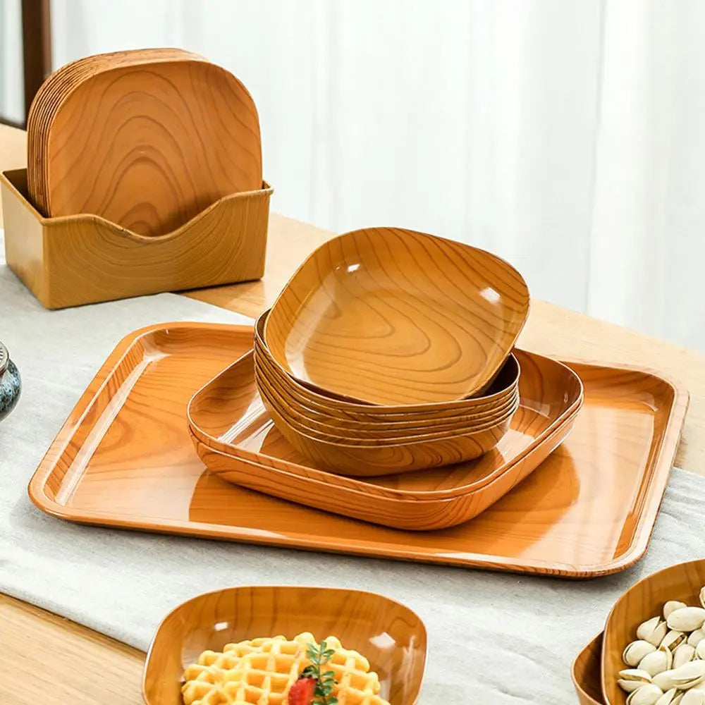 Juego de 5 platos cuadrados de plástico con veta de madera para cocina, estilo japonés, sencillos, para vajilla de cocina, cuencos y platos.