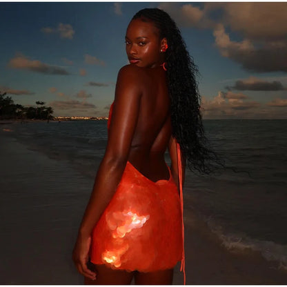 Vestido corto halter con lentejuelas y brillo para mujer, sin espalda, sin mangas, para fiestas de noche, vacaciones, cintura alta, sexy, nueva moda 2025.