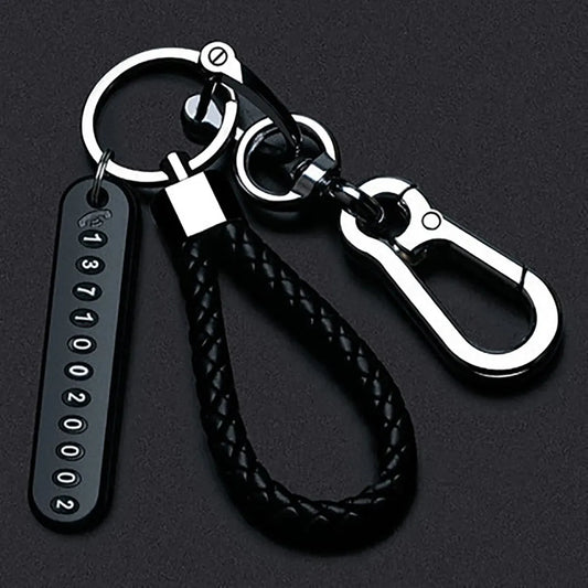 Llavero con colgante de placa de número de teléfono móvil DIY para hombre, estilo punk, cuerda de cuero tejida simple, antipérdida, accesorio para llavero de coche.