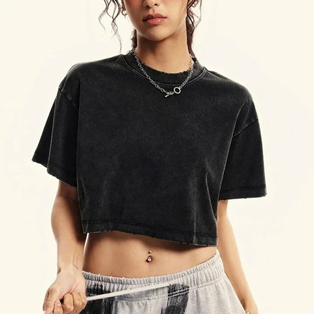 Camiseta lavada ajustada y lisa, moda femenina, algodón suave, ropa de calle, informal, deportiva, de manga corta, estilo retro, para mujer