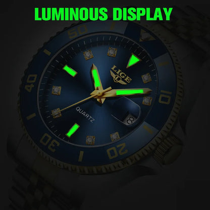 Reloj de lujo LIGE para hombre, reloj de cuarzo con esfera engastada de diamantes, resistente al agua, calendario, mariposa, doble cierre, acero inoxidable.