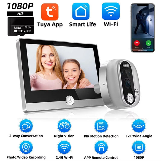 Videoportero Tuya 1080P WiFi con Google Alexa, mirilla digital con detector de movimiento PIR y visor de puerta con intercomunicador.