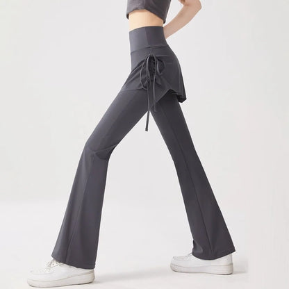 Leggings deportivas 2 en 1 con diseño de falda, dobladillo acampanado, cintura alta y cordón ajustable para yoga, actividades al aire libre y fitness.