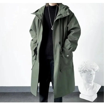 2025 Spring Autumn  Green Windbreaker Fashion Men Mid-length Casual Hooded Coat Men Daily High Street Overcoat Male Clothes