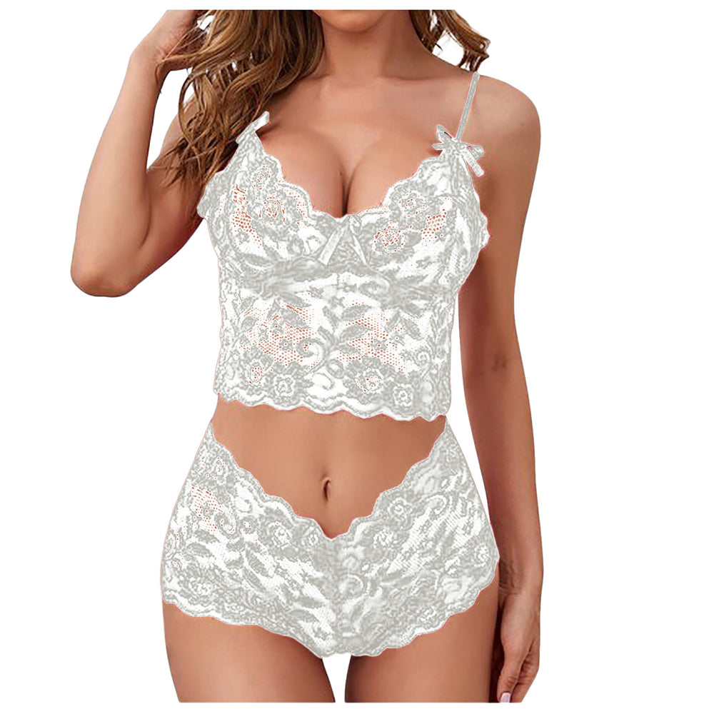 Conjunto de lencería sexy para mujer 2022, pantalones cortos de encaje negro, camiseta sin mangas de color liso, camisola, top de tubo, bragas, conjunto de lencería con estampado floral.
