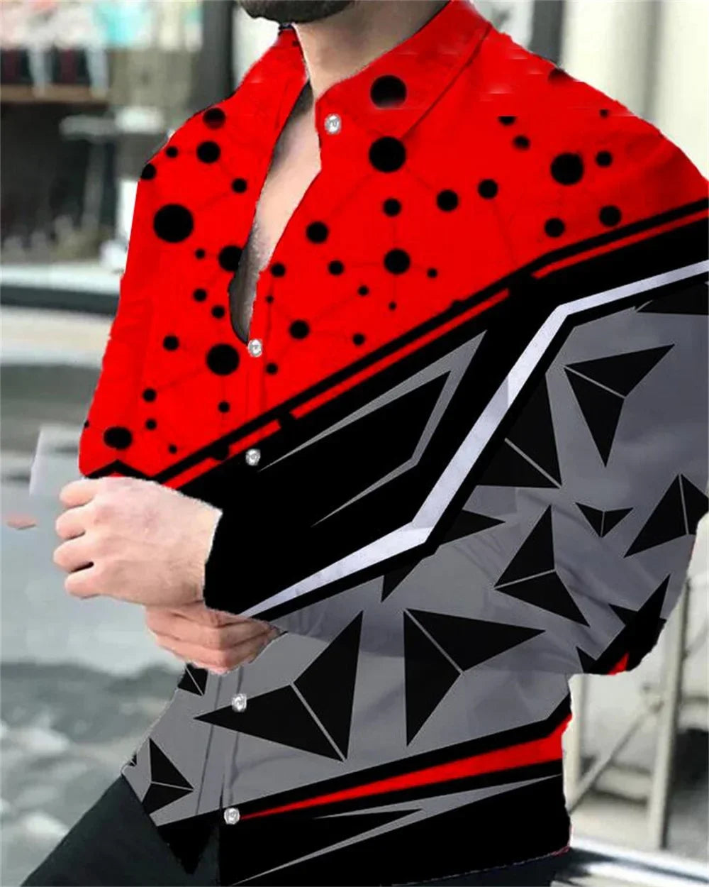 Camisa de lujo para hombre, estilo social, con botones en la solapa, estampado irregular, cárdigan de manga larga, camisa de baile de club, camisa urbana para hombre