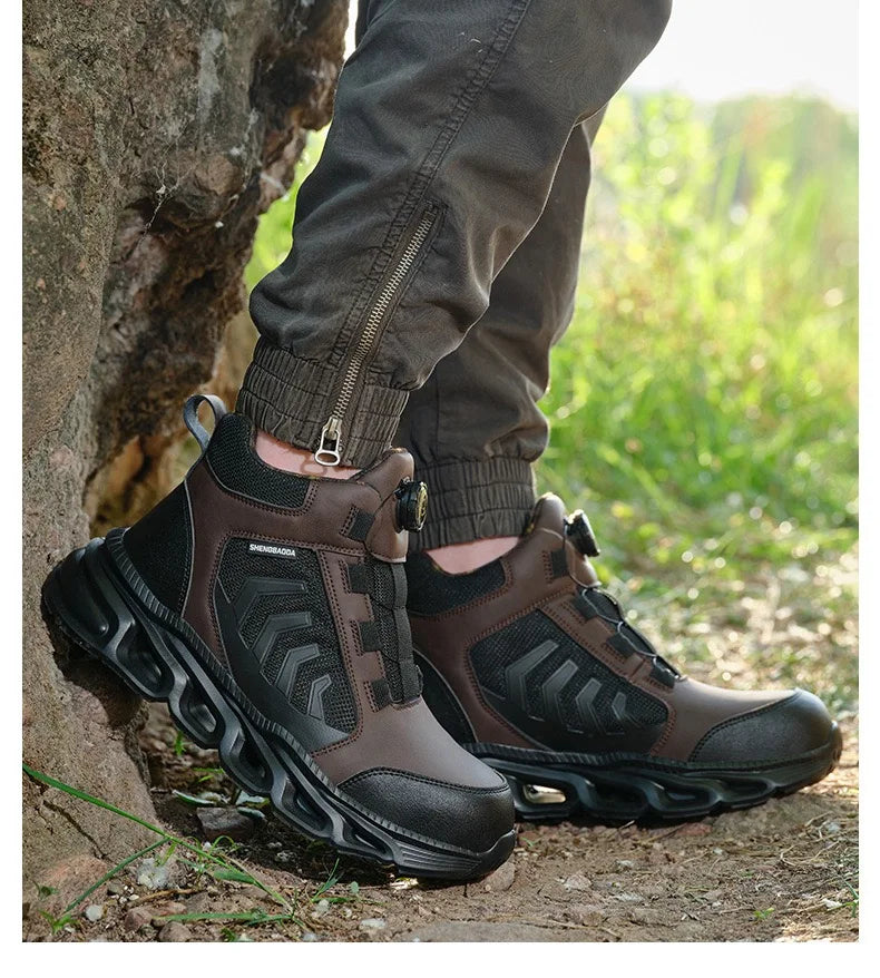 Zapatos de seguridad para hombre, de caña alta, universales para las cuatro estaciones, con hebilla giratoria antideslizante, puntera de acero, antiaplastamiento y antiperforación.