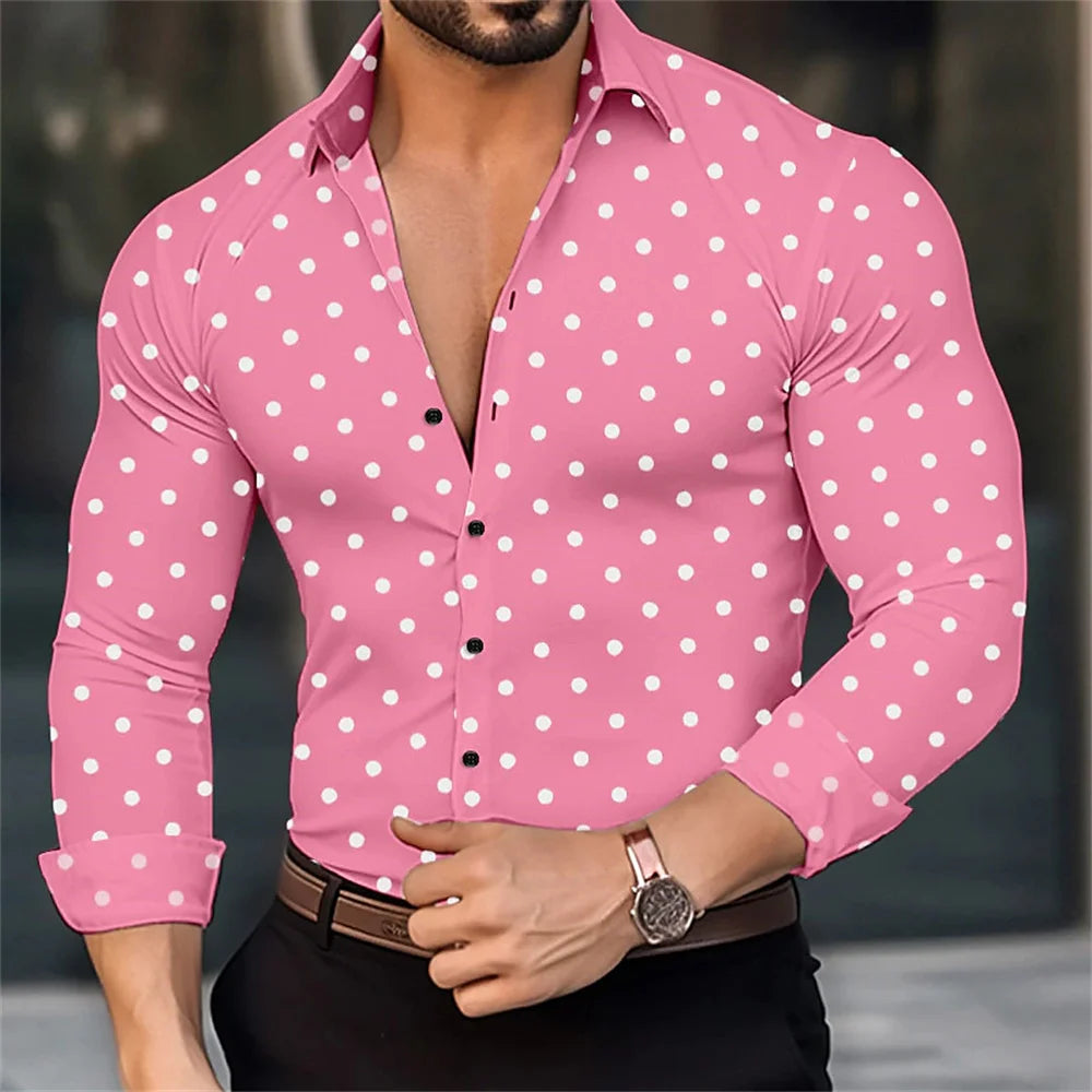 Camisa de manga larga para hombre con estampado de lunares, solapa y botones. Estilo veraniego informal, ideal para la moda hawaiana.