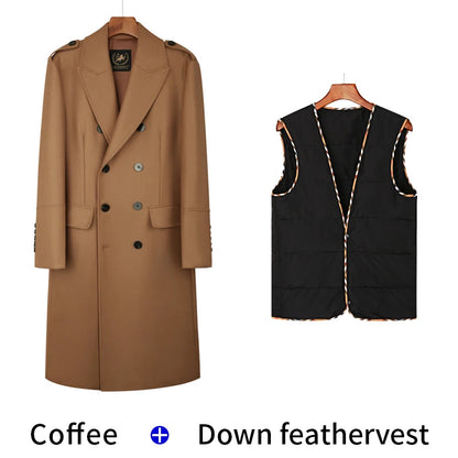Worsted pure wool coat for men super long, knee length double breasted thickened and warm classic business wool coat for men