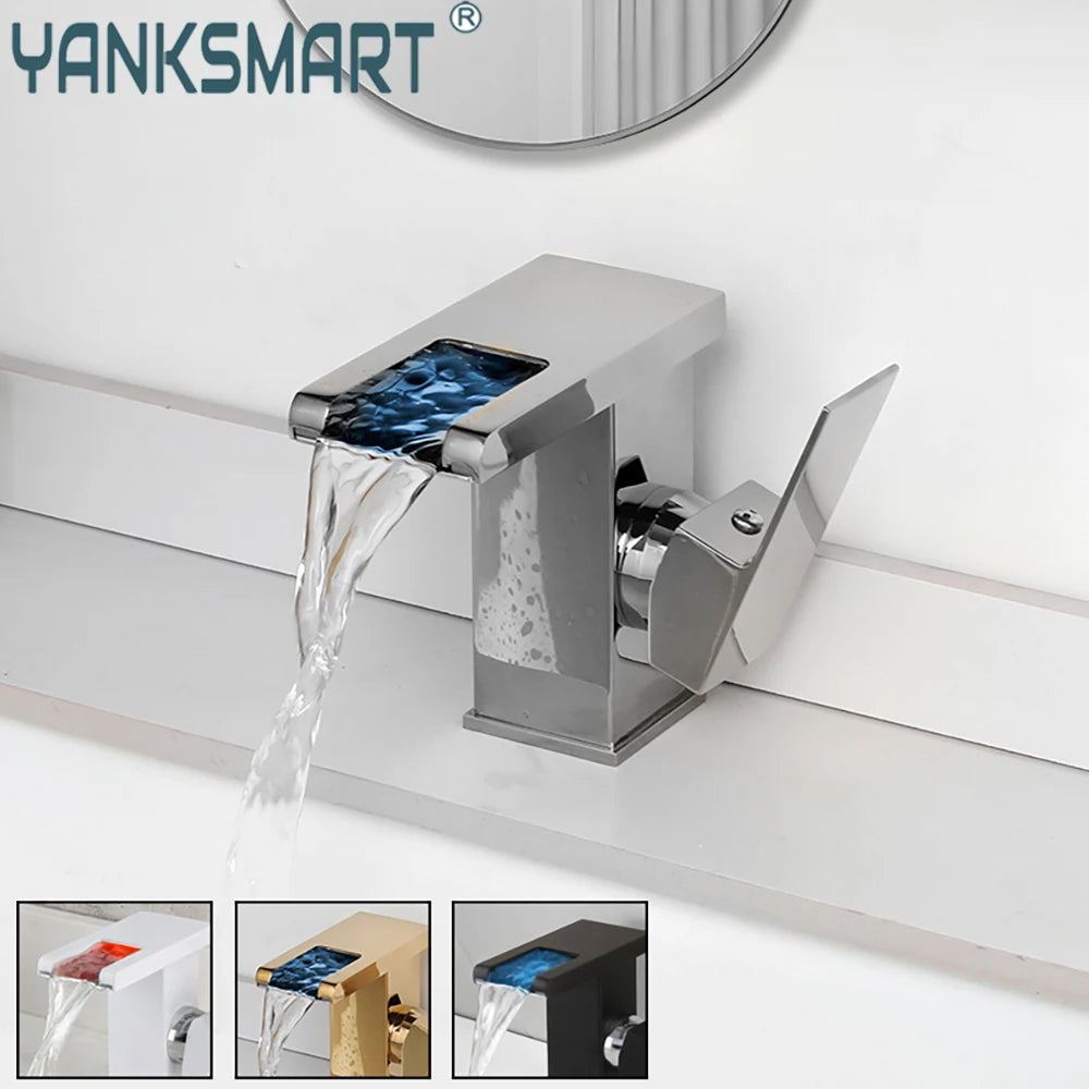 Grifo de baño YANKSMART con luz LED, para lavabo, montaje sobre encimera, monomando, con grifo mezclador tipo cascada.