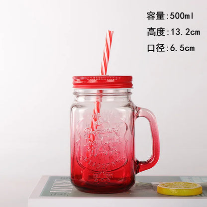 Jarra de vidrio de 480 ml, 500 ml y 16 oz con tapa de hierro y pajita de plástico, cuadrada, con degradado de color.
