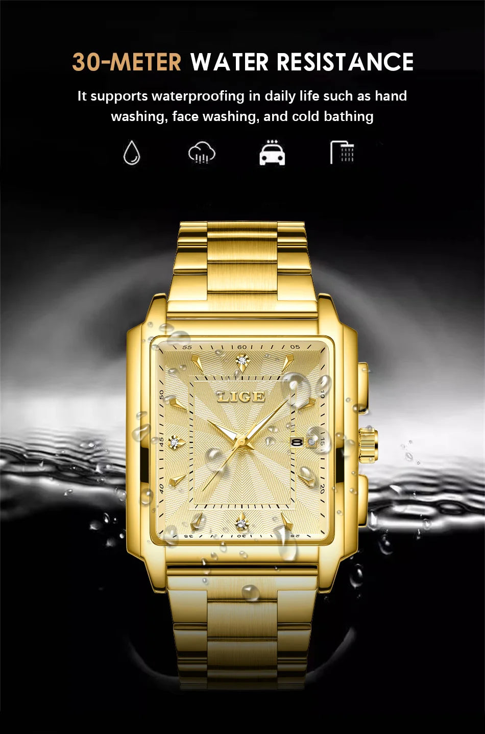 LIGE - Reloj de negocios de moda para hombre, cuadrado, deportivo, resistente al agua, marca superior, de lujo, militar, de cuarzo, cronógrafo de pulsera