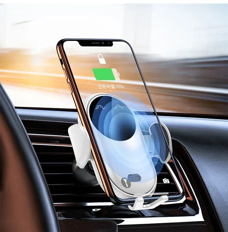 Soporte de carga inalámbrica para coche con inducción infrarroja y abrazadera para rejilla de ventilación, compatible con iPhone 16~12 Pro Max y Samsung Galaxy S25/S24. Carga rápida.