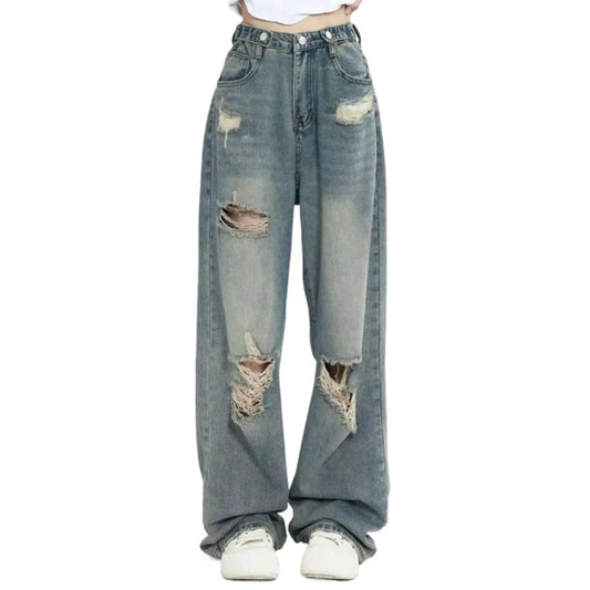 Pantalones vaqueros retro americanos con agujeros para mujer, cintura alta, tiro recto, diseño holgado y ajustado, estilo urbano, pierna ancha y largos.