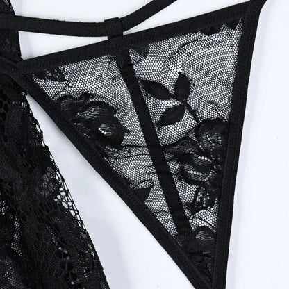 Conjunto exótico de PU sexy para mujer, vestido de encaje transparente, lencería elegante con abertura, body exótico para fiesta y club.