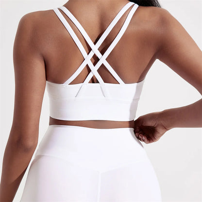 Sujetador deportivo de color sólido con espalda cruzada para mujer, de alta resistencia, ajustado, para entrenamiento integral, ropa interior de yoga y gimnasio con almohadilla para el pecho