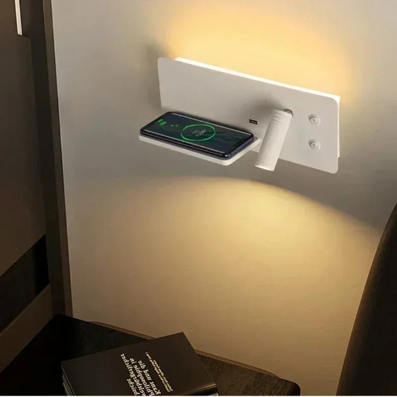 Lámpara de pared LED, luz de lectura, dormitorio, teléfono, carga inalámbrica, carga USB, luces de pared giratorias, lámpara de lado para sala de estar