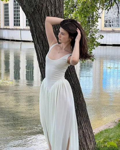 Vestido largo sexy con abertura alta JULISSA MO para mujer, negro, sin mangas, de talle alto, ideal para otoño, elegante y ajustado, perfecto para fiestas y discotecas (2024)