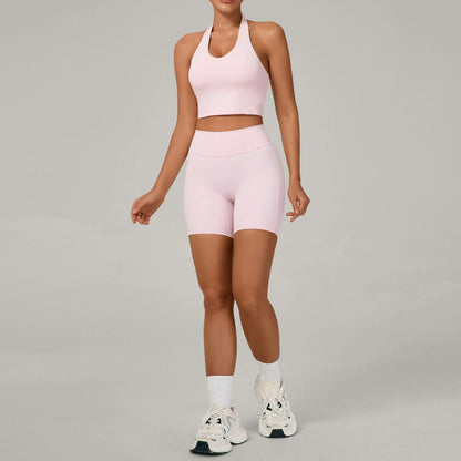 Ctenkevet - Conjunto de 2 piezas de sujetador halter sin espalda para mujer, ropa deportiva de secado rápido para gimnasio, conjunto deportivo femenino de dos piezas con pantalones cortos