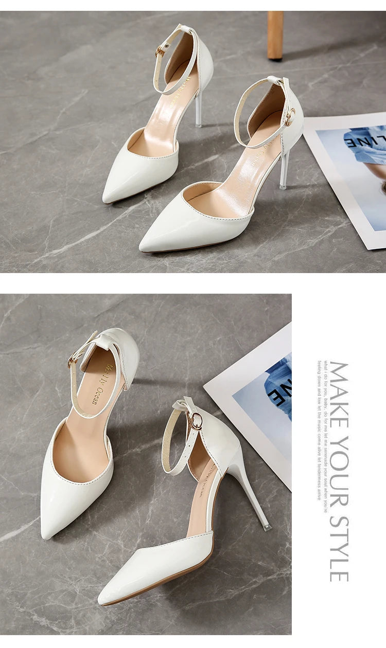 Super Big Size 45 High Stiletto Heel Women Sandals Crystals Buckle Strap Pointed Toe Fashion 10cm/3.94inch Thin Heel Pimp