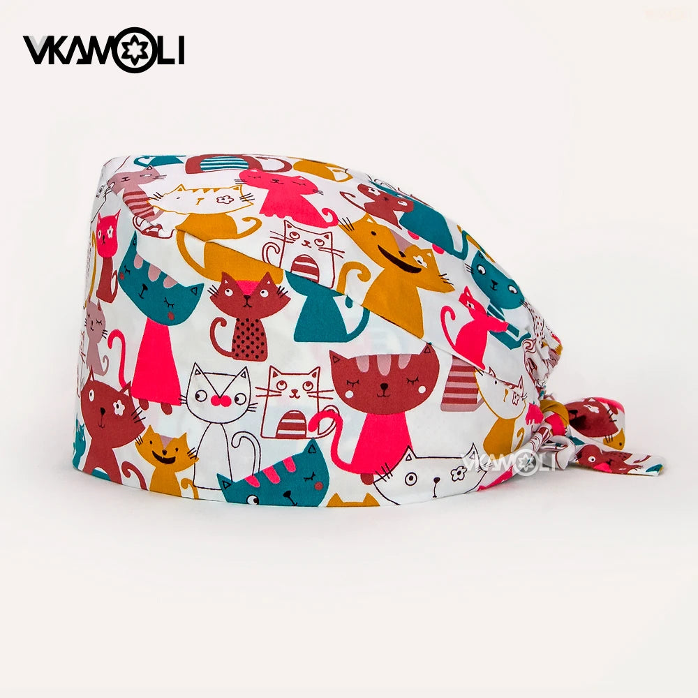 Gorro quirúrgico de algodón con estampado de dibujos animados multicolor para peluquería de mascotas, ajustable, para salón de belleza, enfermería, médico y enfermera.