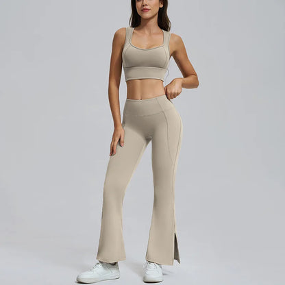 Conjuntos de yoga para mujer, sujetador deportivo con espalda hueca y amortiguación, leggings de cintura alta y acampanados, ropa de gimnasio, ropa para correr y entrenar.