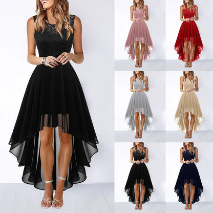 Primavera Verano 2025 Vestido de noche de encaje ceñido con cintura ahuecada Falda midi Sin mangas Cuello redondo Tejido de poliéster Cintura imperio