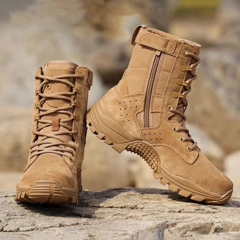 Botas impermeables de piel de vacuno para hombre, ideales para senderismo, escalada y actividades al aire libre en verano. Resistentes al desgaste, antideslizantes y con cremallera lateral. Diseño moderno con cordones.